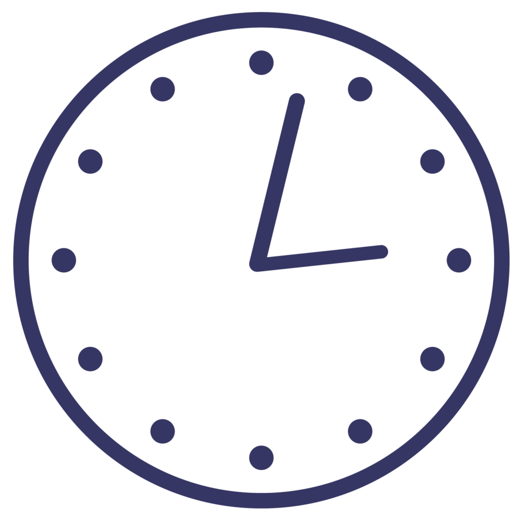 Icon image of a clock pointing to 2:02. Dark blue in color.