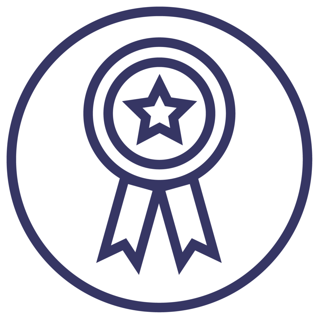 Dark blue icon image of a prize ribbon with a star in the middle.
