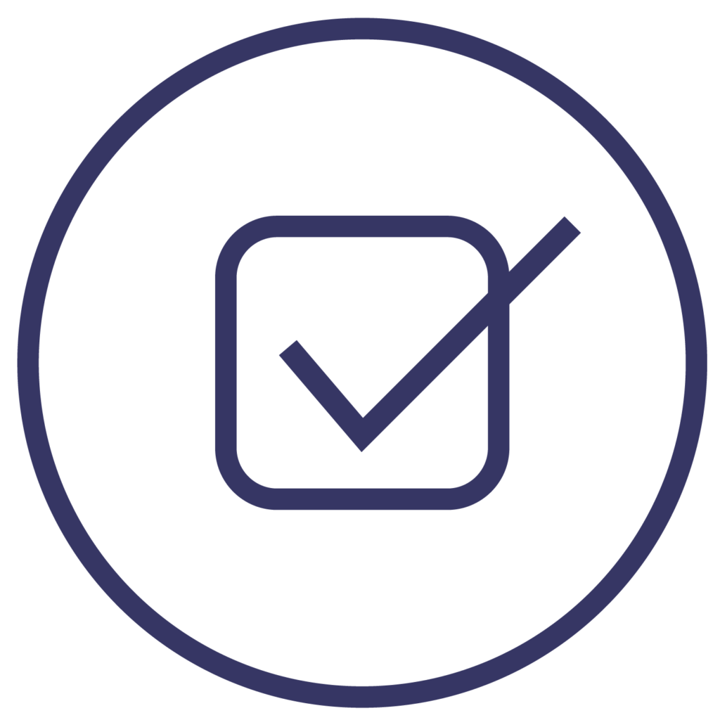 Icon image of a checkmark in a little box surrounded by a circle.