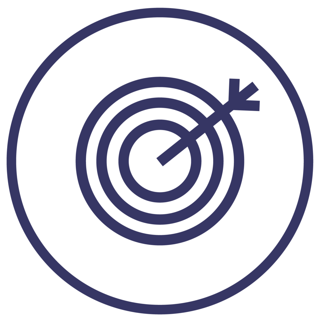 Dark blue icon image of a target with an arrow in the middle, all outlined in a dark blue circle.